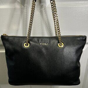 Furla Julia Leather Shoulder Bag with Gold Chain/Black Leather Straps (Black)